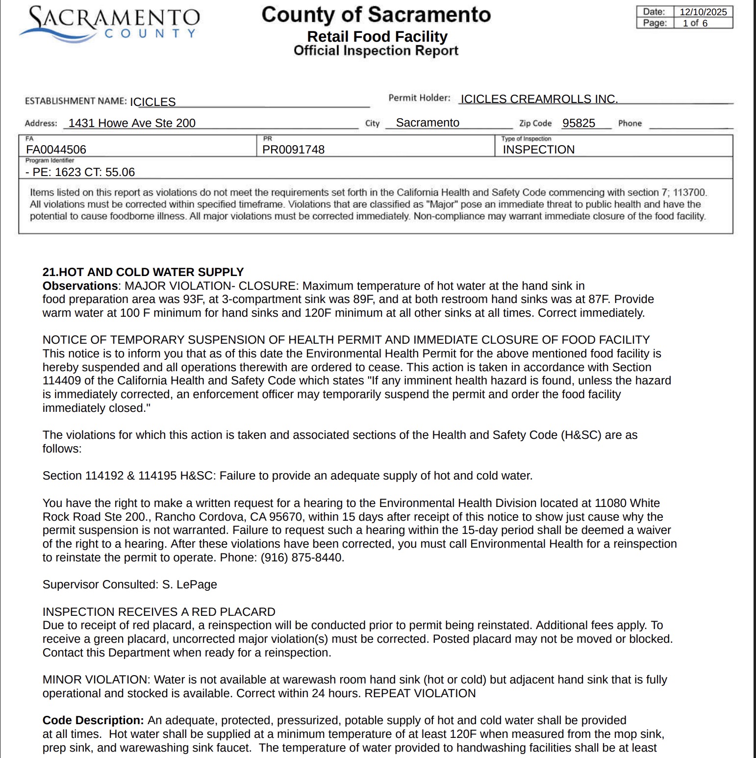 The report found two expired Food Handler Cards during the inspection.